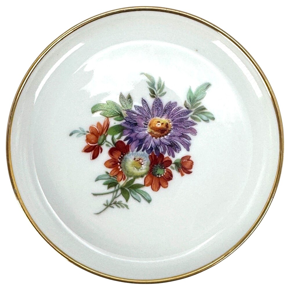 Coaster Butter Pat Trinket Ring Pin Dish Porcelain Germany Flowers Salmon Purple